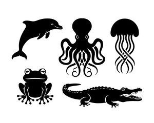 Fototapeta premium Ocean & River Creatures - Marine Silhouette Icon Set