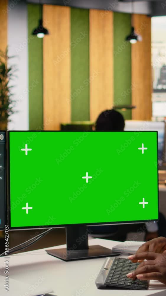 Poster engineer using green screen mockup pc to create advanced solar cell technology green energy gadget. 