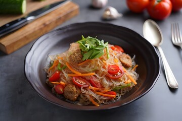 Delicious glass noodle stir fry with fresh vegetables served in a dark bowl