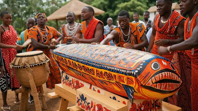 Ghanaian pallbearers dancing with a colorful fish shaped coffin during a lively funeral celebration