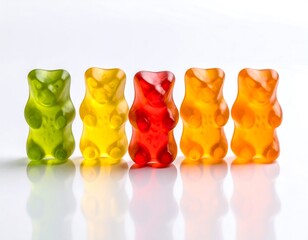 Five colorful gummy bears in a row