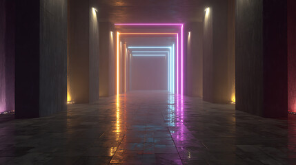 Colorful neon light reflections create a vibrant corridor in a modern architectural space