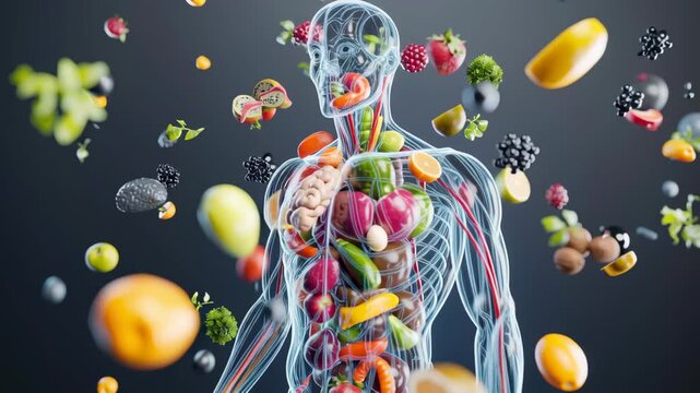 Fruits and vegetables float around a transparent human body, symbolizing healthy eating and nutrition