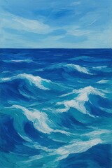 Fototapeta premium Oil painting of abstract ocean waves in blue tones, dynamic seascape with textured brush strokes and white foam details.