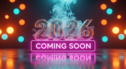 Futuristic 2026 'Coming Soon' neon sign with smoke and colorful bokeh lights.