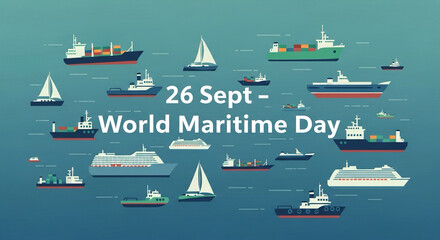 Typography-only animation with floating ship icons around text “26 Sept – World Maritime Day”.