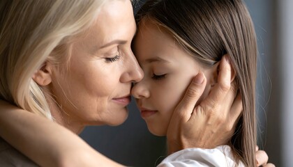Close-up of a woman and child touching noses