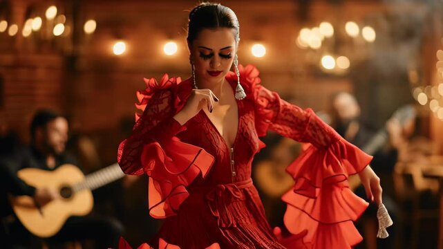Young woman dancing flamenco in a red dress with musicians playing spanish guitar in the background