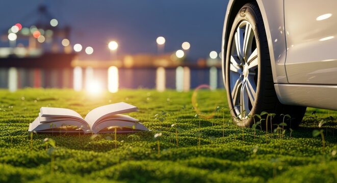 A glowing open book rests on green grass next to a car, with a city harbor illuminated at dusk.