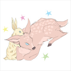 Young deer and baby rabbit lie together, rest. Play. Friendship. Cute funny hand drawn illustration. Vector. Soft pastel colors. Positive. Festive. Design for postcards, sketchbooks, print on stickers