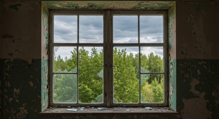 Looking through a broken window at a lush green forest on a cloudy day, conveying a sense of abandonment and nature's resilience
