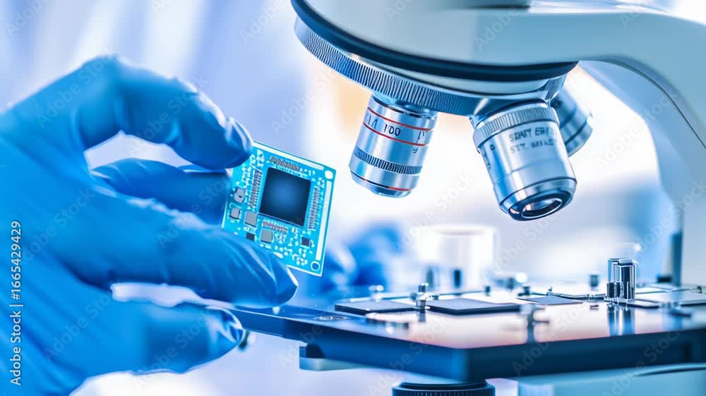 Poster technical laboratory setting showing specialized gloved hands positioning delicate microchip beneath