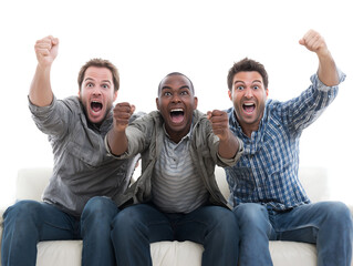 Excited Multiracial Male Friends Celebrating Victory on Sofa