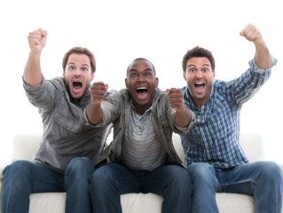 Excited Multiracial Male Friends Celebrating Victory on Sofa