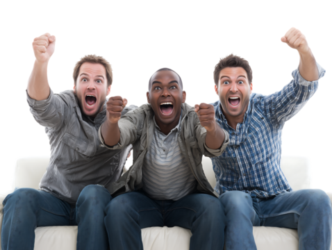 Excited Multiracial Male Friends Celebrating Victory on Sofa - Powered by Adobe