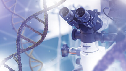 Laboratory microscope with 3D DNA strands, symbolizing genetic research and biotechnology. Activity: Genetics, DNA Research, Biotechnology, Molecular Biology, Science.