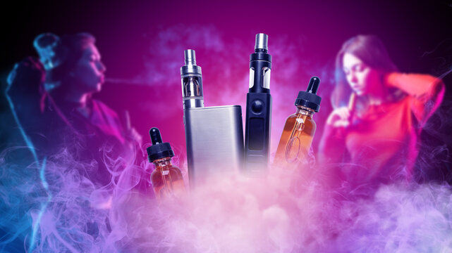 Vape devices and e-liquid bottles surrounded by vapor with people vaping in background under neon lighting. Activity: Vaping, Lifestyle, Youth Culture, E-Cigarettes.