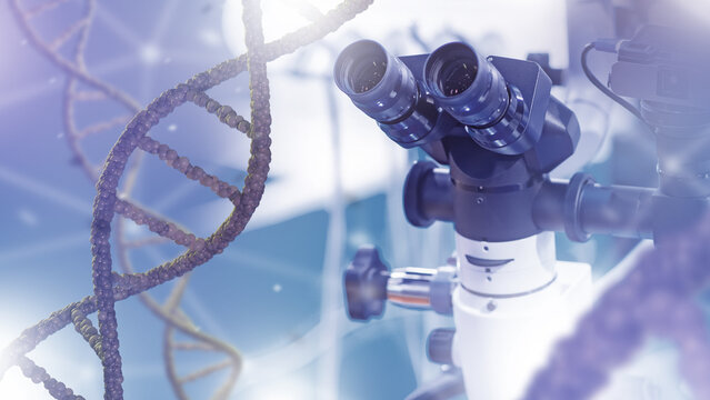 Laboratory microscope with 3D DNA strands, symbolizing genetic research and biotechnology. Activity: Genetics, DNA Research, Biotechnology, Molecular Biology, Science.