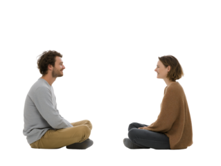 Happy Young Couple Sitting on Floor, Casual Clothing, Profile View, Conversation, Studio Shot