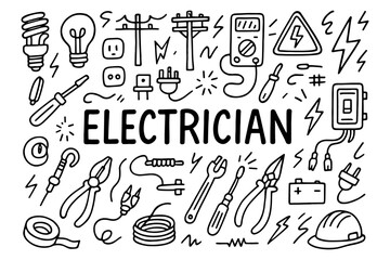 Hand-drawn electrician tools and symbols doodle collection