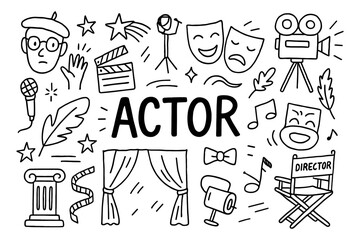Fototapeta premium Entertainment icons: sketch style cinema and theater elements collection