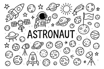 Space exploration doodles with planets, rockets, and astronaut design elements