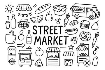 Hand drawn street market elements with food stalls and fresh produce