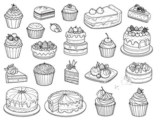 Collection of hand-drawn pastries and cakes