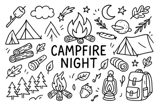 Cozy campfire night doodles with tents, lanterns, and nature elements