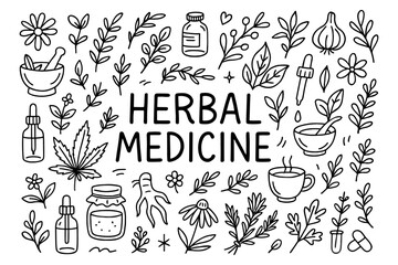 Fototapeta na wymiar Herbal medicine elements in doodle style for natural healing and wellness themes