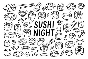 Sushi night doodle: hand-drawn japanese cuisine elements in black and white