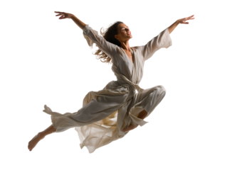 Graceful Woman in Flowing Dress, Mid-Air Dance Pose, Black Background