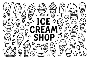 Ice cream shop icons in doodle style featuring cones, sundaes, and popsicles