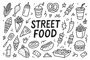 Street food doodles featuring tacos, pizza, ice cream, and fast snacks in a fun line art style