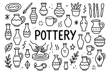 Hand drawn pottery elements with crafting tools and decorative patterns