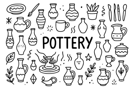 Hand drawn pottery elements with crafting tools and decorative patterns
