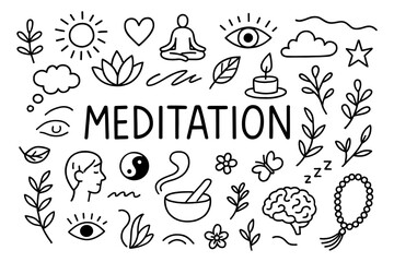 Mindfulness and relaxation: hand-drawn symbols of meditation and peace