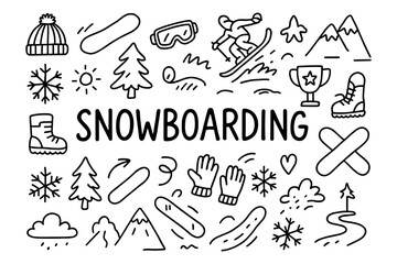 Obraz na płótnie Canvas Snowboarding icons set: doodles of gear, action, and winter fun