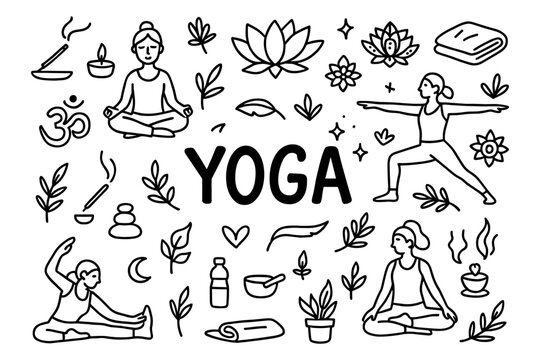 Meditative yoga poses and elements in linear black and white drawing