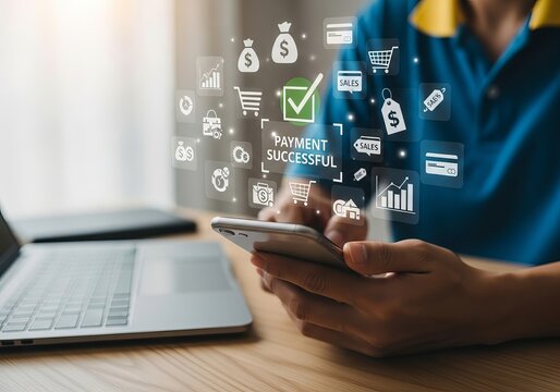 A young Asian man in a blue polo shirt successfully completes a digital payment on his smartphone while sitting at a desk.