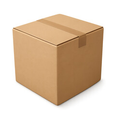 A simple brown cardboard box, sealed with tape, isolated on a transparent background, representing shipping and delivery