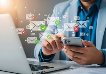 A man in a blue blazer checks his smartphone, surrounded by digital notifications of emails and messages, conveying productivity.