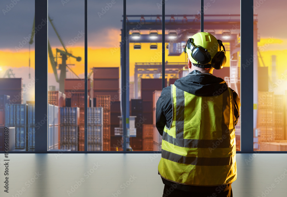 Poster worker at container port. man in customs warehouse terminal. supervisor stands with his back to came