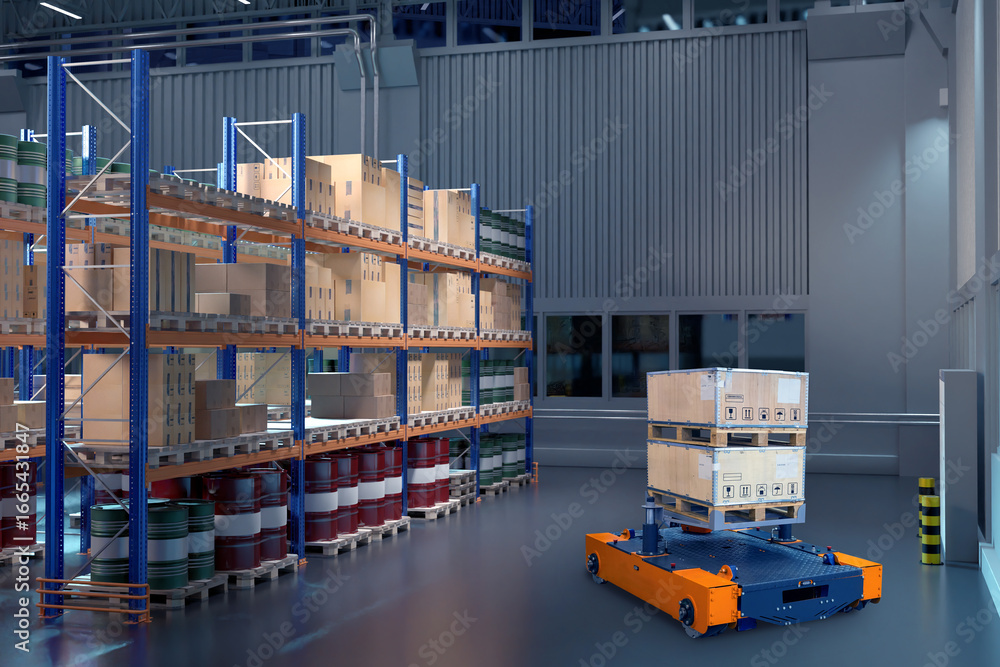 Aufkleber automated warehouse. robot moves boxes inside warehouse. futuristic warehouse without people. automa