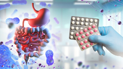 Hand with vitamins. Blisters with pills in doctor. Probiotic medicines and gastrointestinal tract....