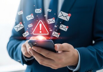 A man in a suit holding a smartphone, with alert notifications appearing, indicating a busy communication moment.