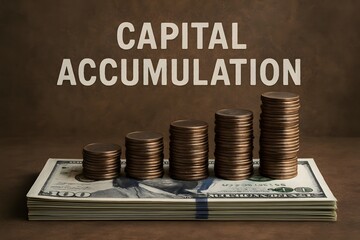 Capital Accumulation Concept Depicted with Stacks of Coins on a Dollar Bill. 