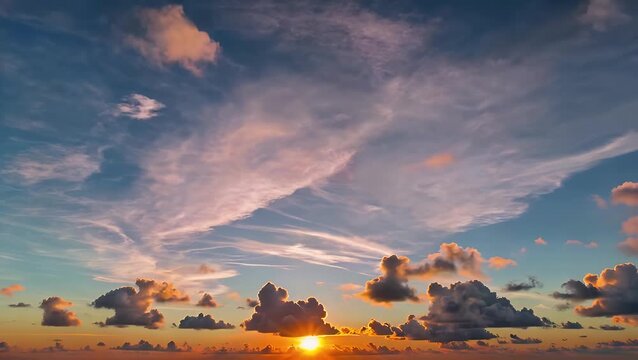 dramatic 4k timelapse of night sky filled with moving cumulus cirrus clouds as sunset turns to twilight capturing nature&rsquo;s atmospheric transitions from dusk to dawn cinematic clarity