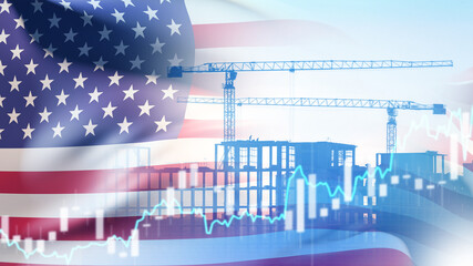 Construction cranes and building site overlaid with American flag and stock market chart, symbolizing US economy, real estate, infrastructure, finance. Construction, Economy, Finance.