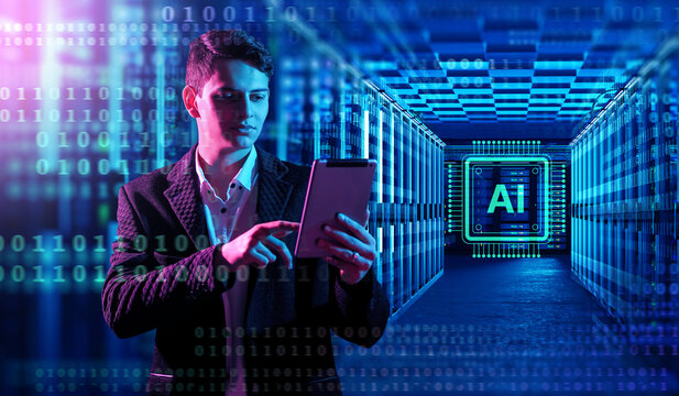 Man with tablet in data center surrounded by binary code and AI symbol, concept of artificial intelligence, machine learning, big data, technology. Artificial Intelligence, IT, Data Science.